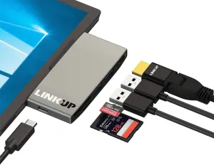 LINKUP - Surface Pro 7 Compatible SD Card Micro Memory Reader Adapter Hub | 6-in-1 Docking Station | 4K HDMI, SD/MicroSD Card Slots, 2 x USB-A 3.0, 1 x USB-C Ports |