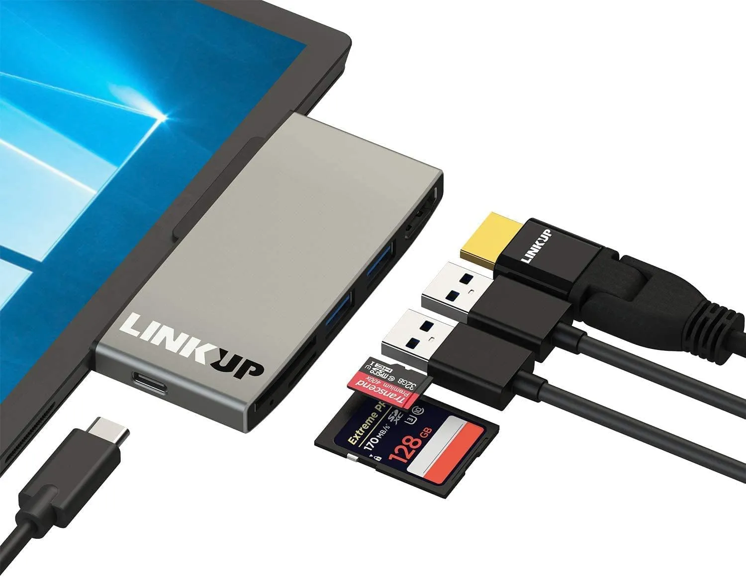 LINKUP - Surface Pro 7 Compatible SD Card Micro Memory Reader Adapter Hub | 6-in-1 Docking Station | 4K HDMI, SD/MicroSD Card Slots, 2 x USB-A 3.0, 1 x USB-C Ports |