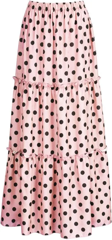 Long Maxi Shirt Women Fashion High Waist Polka Dot Printed Skirt Loose Ruffled Pleated Skirt