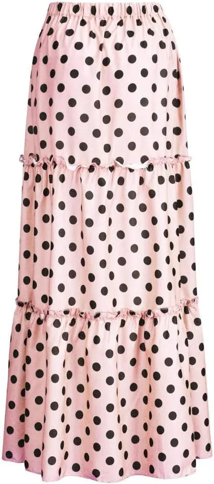 Long Maxi Shirt Women Fashion High Waist Polka Dot Printed Skirt Loose Ruffled Pleated Skirt
