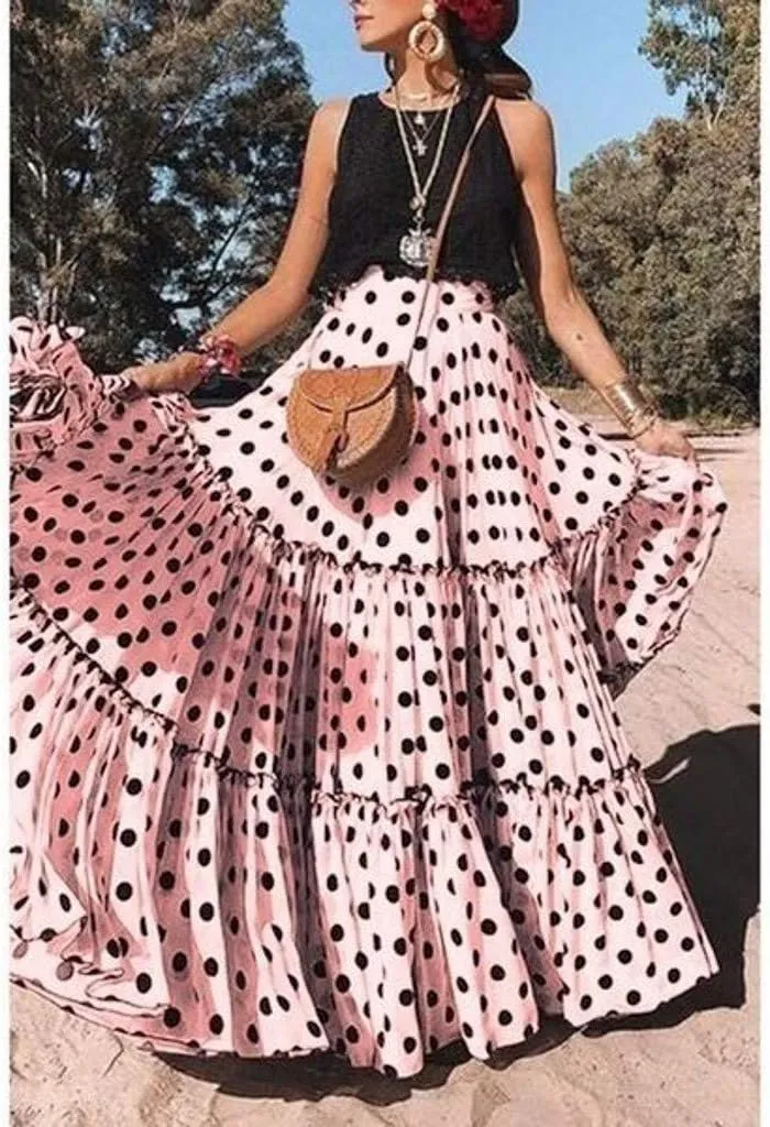 Long Maxi Shirt Women Fashion High Waist Polka Dot Printed Skirt Loose Ruffled Pleated Skirt