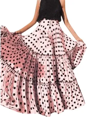 Long Maxi Shirt Women Fashion High Waist Polka Dot Printed Skirt Loose Ruffled Pleated Skirt