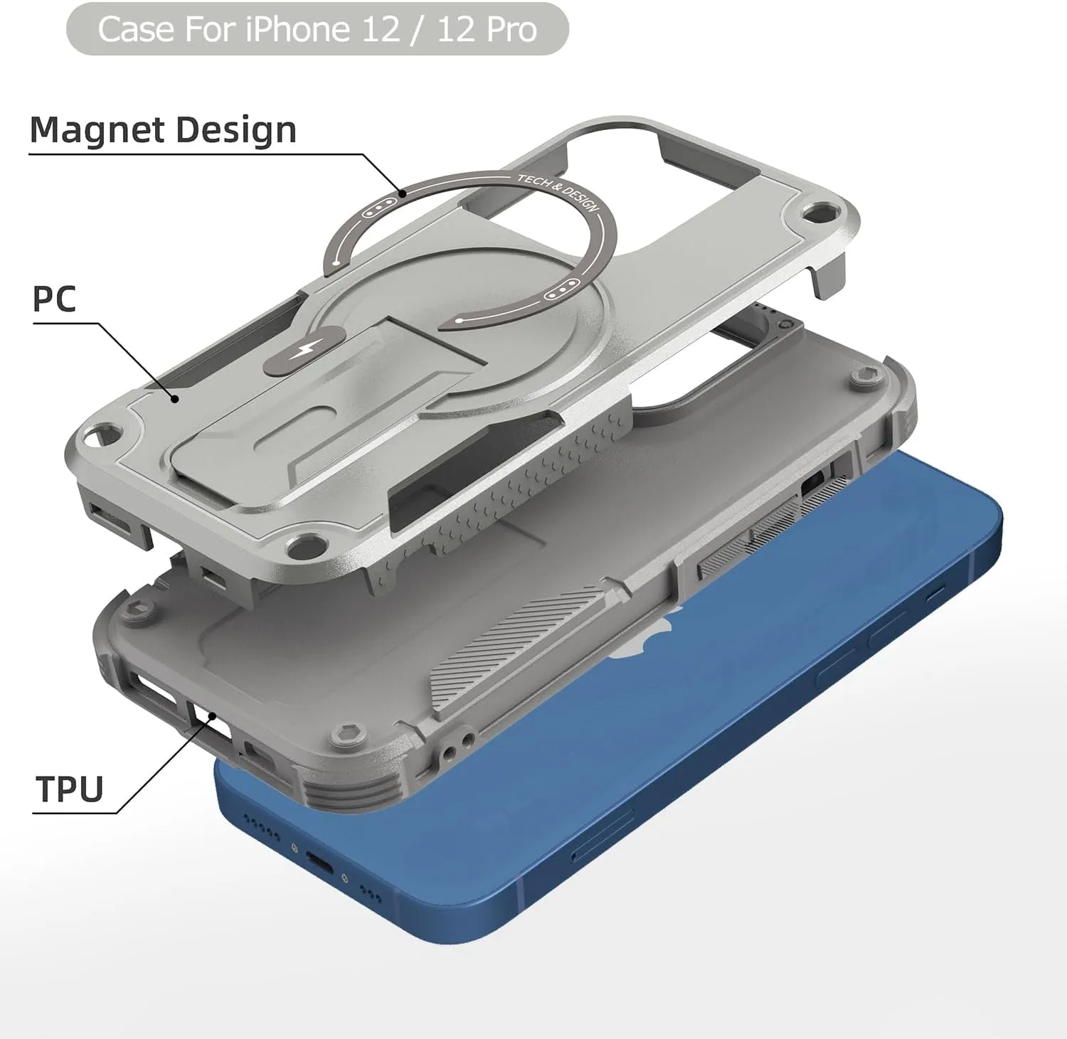 Magnetic for iPhone 12 Case iPhone 12 Pro case with Stand. [Compatible with MagSafe] Built-in Kickstand. Rugged Protection Heavy Duty Shockproof Case for iPhone 12/iPhone 12 Pro. (Grey)