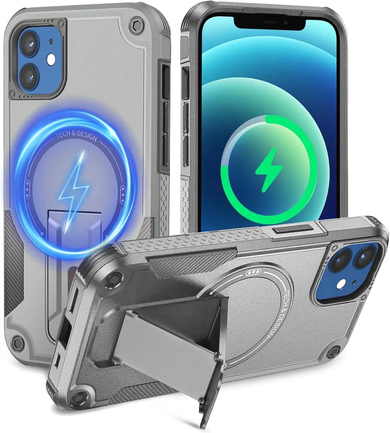 Magnetic for iPhone 12 Case iPhone 12 Pro case with Stand. [Compatible with MagSafe] Built-in Kickstand. Rugged Protection Heavy Duty Shockproof Case for iPhone 12/iPhone 12 Pro. (Grey)