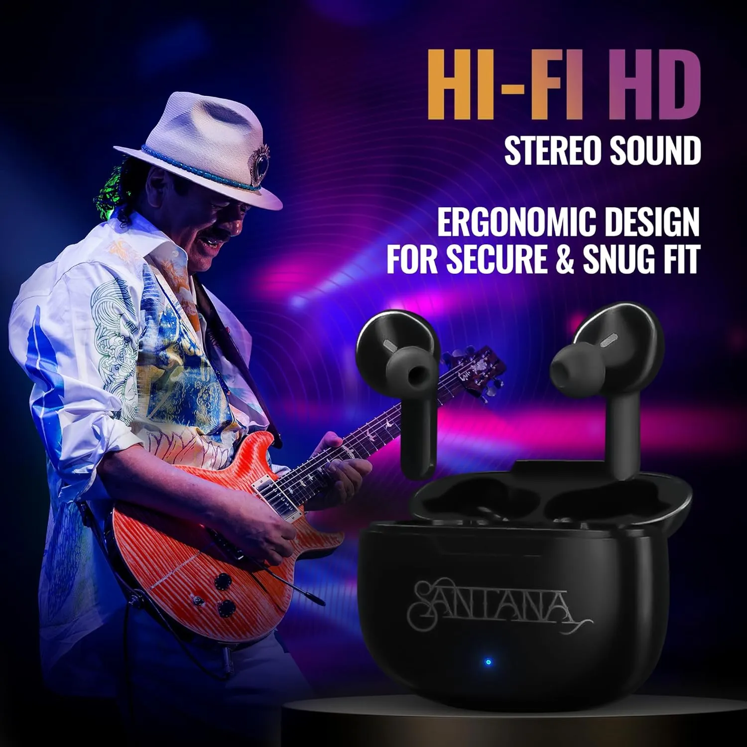 Mambo by Carlos Santana, True Wireless Earbuds Bluetooth Headphones with Charging Case, Bluetooth Earbuds with Voice Isolating Microphone, Deep Bass Stereo Headsets for Sports & Gaming (Black)