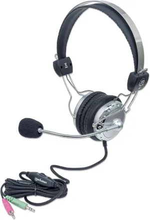 MANHATTAN Stereo Headset with Flexible Microphone, 8 ft. Connecting Cable with Two 3.5 mm Plugs for Audio & Microphone, Volume Control - for Desktop, Laptop, Computers  175517