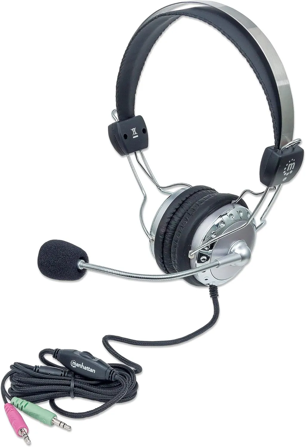 MANHATTAN Stereo Headset with Flexible Microphone, 8 ft. Connecting Cable with Two 3.5 mm Plugs for Audio & Microphone, Volume Control - for Desktop, Laptop, Computers  175517