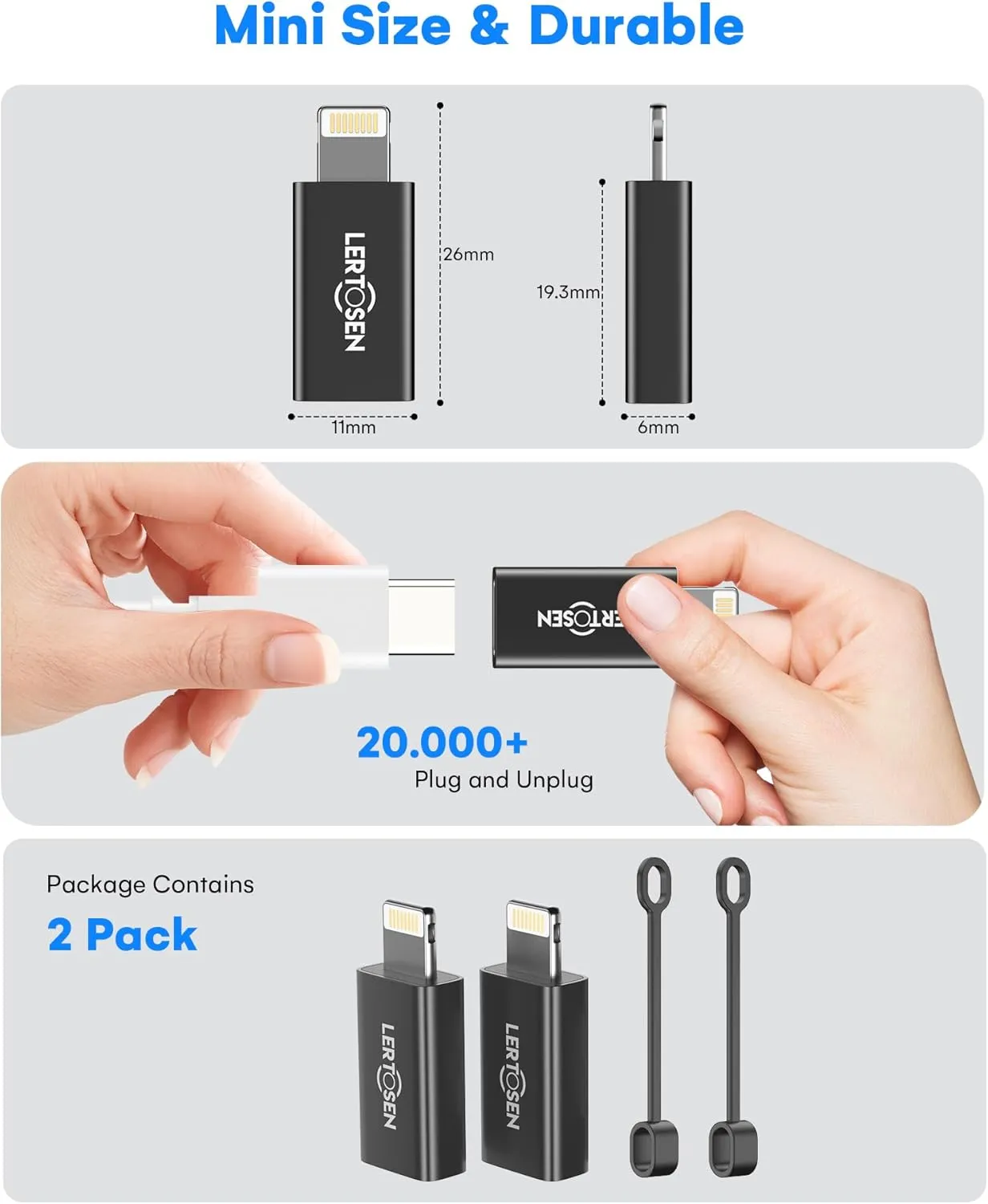 MFi Certified 27W USB C to Lightning Adapter (2 Pack) - Fast Charging Data Sync, Lightning to USB Type C Cable Adapter for iPhone14/13/12 Series, iPad, AirPods, with Anti-Lost Loop, Not for Audio/OTG