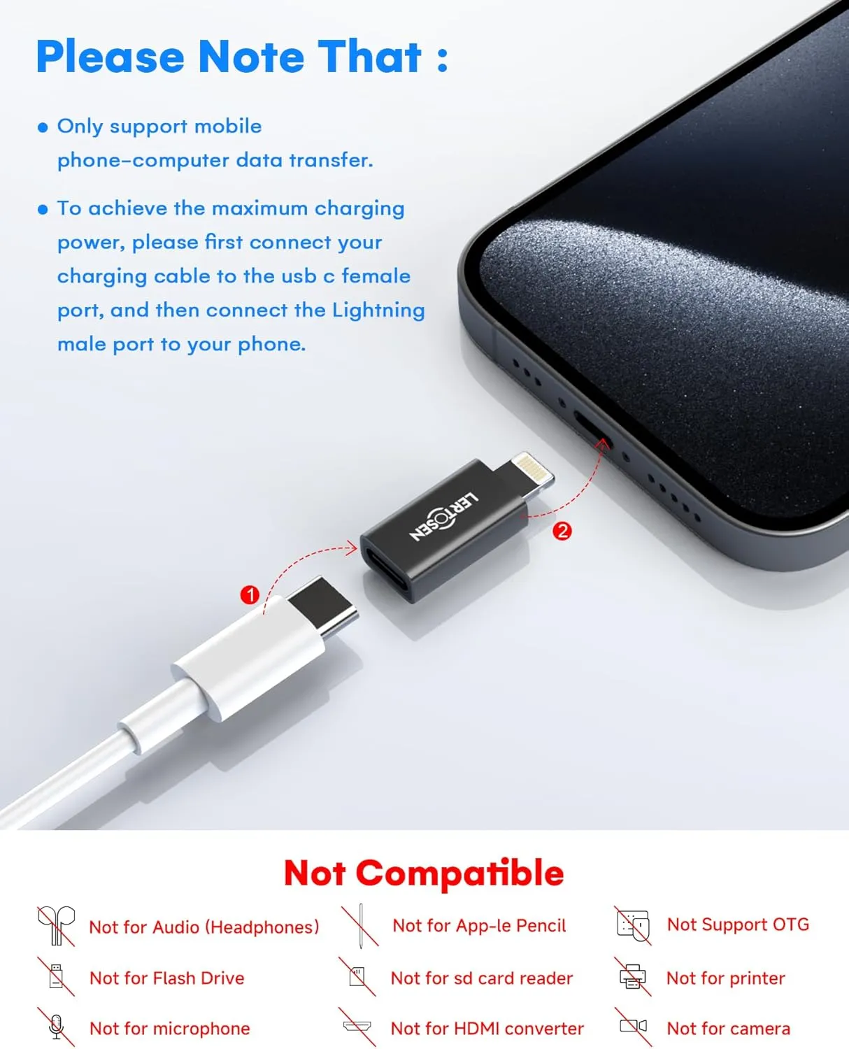 MFi Certified 27W USB C to Lightning Adapter (2 Pack) - Fast Charging Data Sync, Lightning to USB Type C Cable Adapter for iPhone14/13/12 Series, iPad, AirPods, with Anti-Lost Loop, Not for Audio/OTG