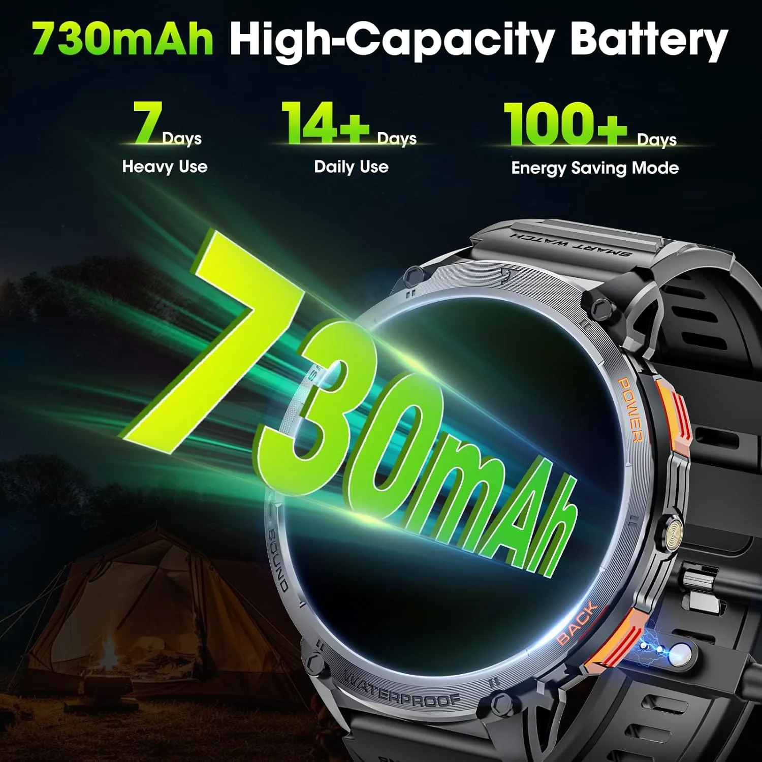 Military Smart Watches for Men, 1.85" HD Large Screen Smart Watch, Flashlight/730mAh/110  Sports Modes Fitness Tracker Watch, Waterproof Mens Smart Watch for Android Phones iPhone Compatible