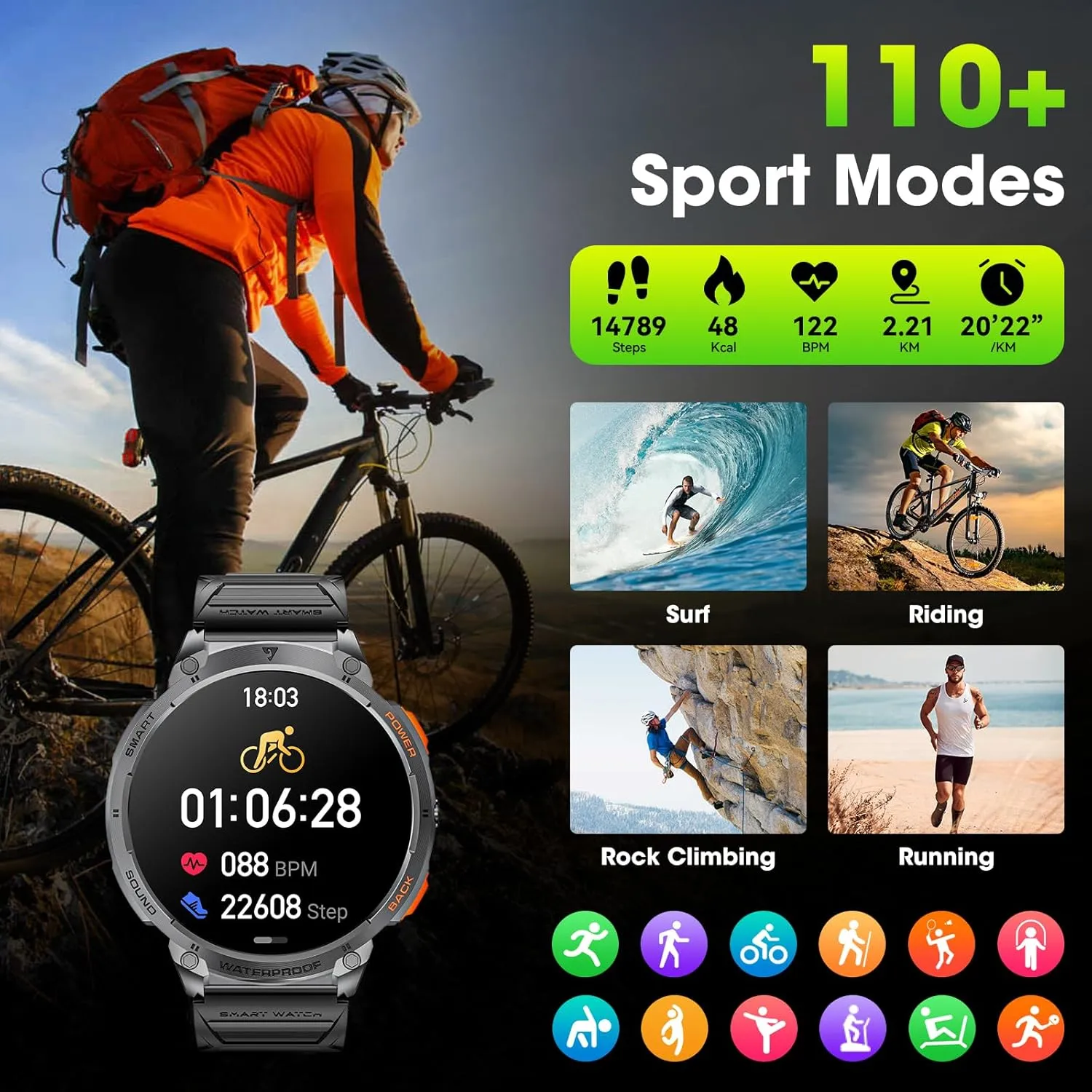 Military Smart Watches for Men, 1.85" HD Large Screen Smart Watch, Flashlight/730mAh/110  Sports Modes Fitness Tracker Watch, Waterproof Mens Smart Watch for Android Phones iPhone Compatible