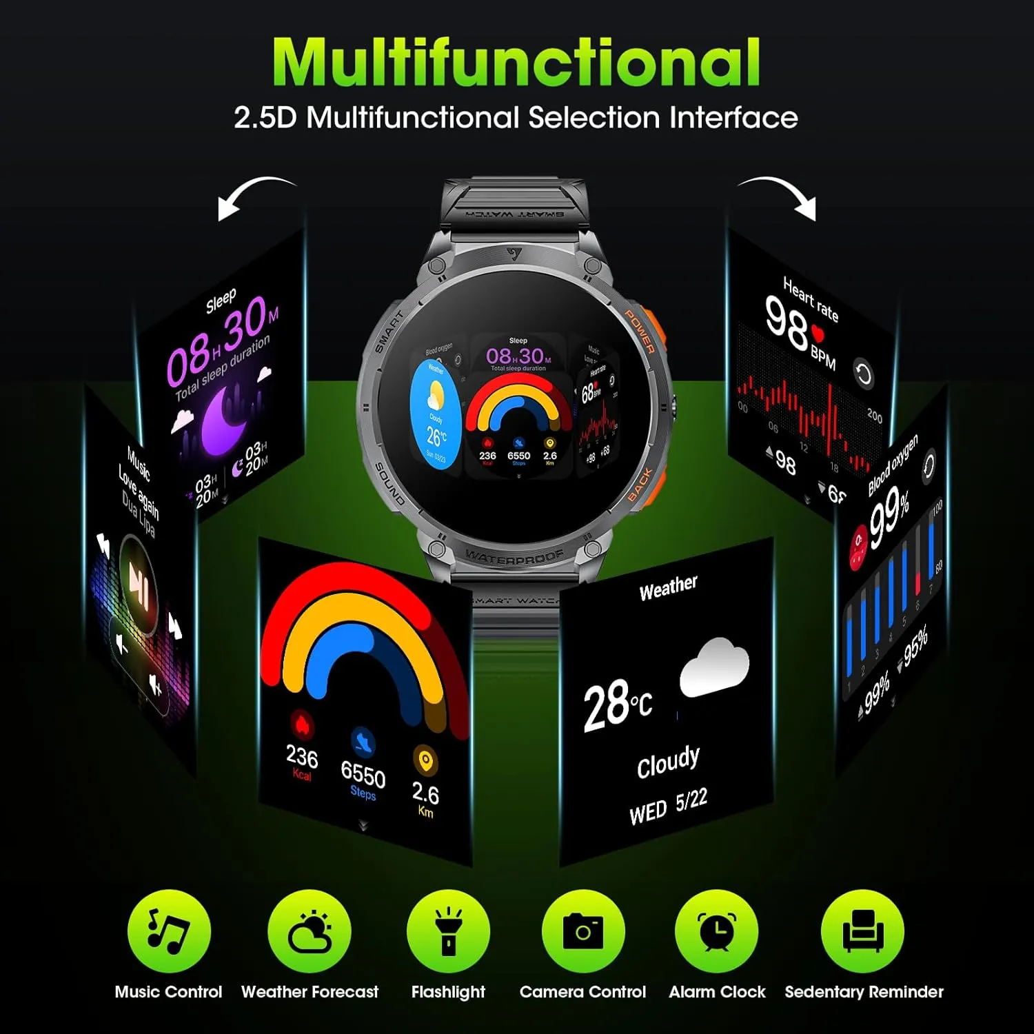 Military Smart Watches for Men, 1.85" HD Large Screen Smart Watch, Flashlight/730mAh/110  Sports Modes Fitness Tracker Watch, Waterproof Mens Smart Watch for Android Phones iPhone Compatible
