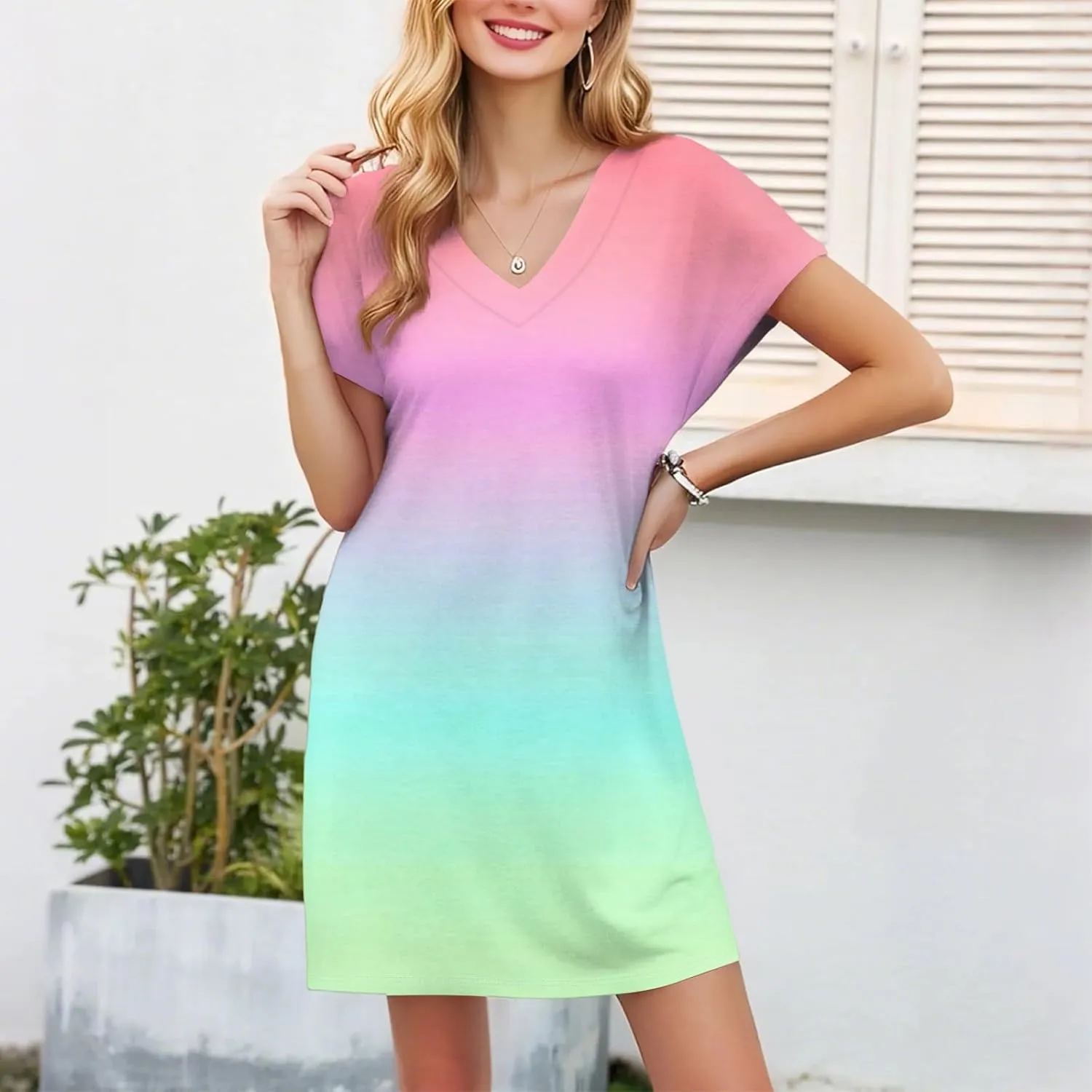 Mini Dresses for Women Short Sleeve V Neck Tie Dye Party Dress Trendy Casual Summer Sundress Vacation Beach Sundresses