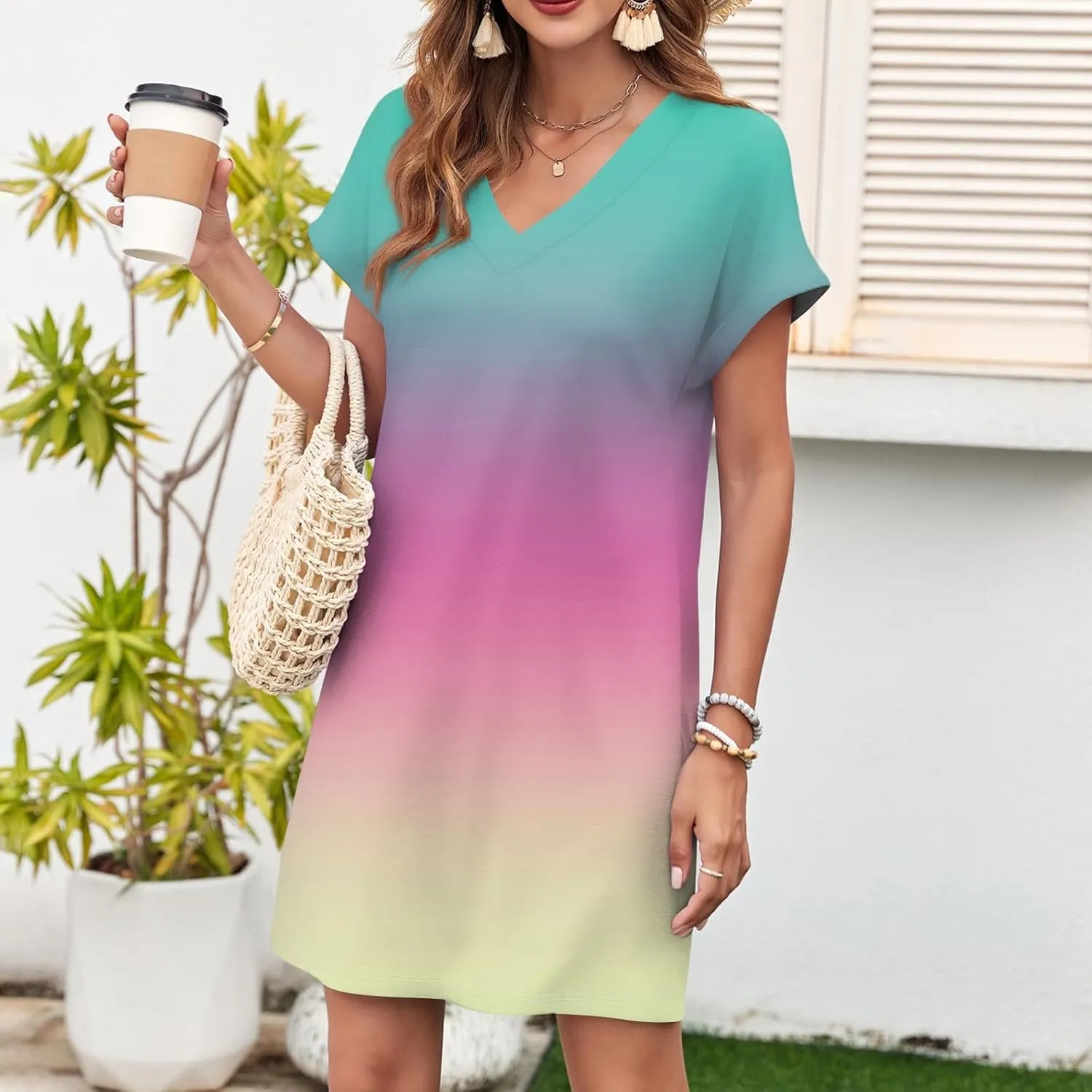 Mini Dresses for Women Short Sleeve V Neck Tie Dye Party Dress Trendy Casual Summer Sundress Vacation Beach Sundresses