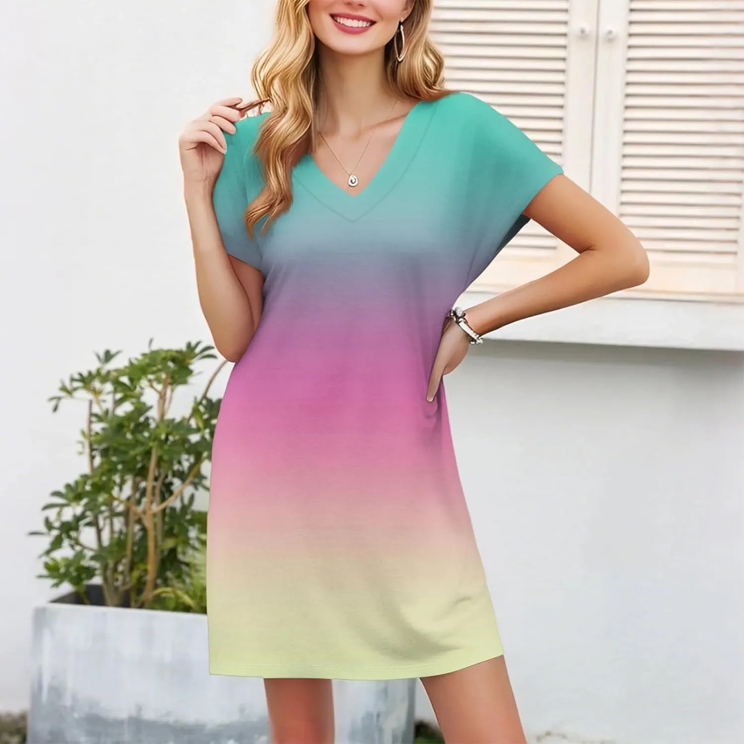 Mini Dresses for Women Short Sleeve V Neck Tie Dye Party Dress Trendy Casual Summer Sundress Vacation Beach Sundresses