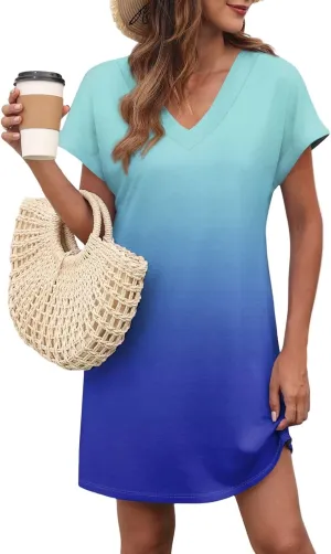 Mini Dresses for Women Short Sleeve V Neck Tie Dye Party Dress Trendy Casual Summer Sundress Vacation Beach Sundresses