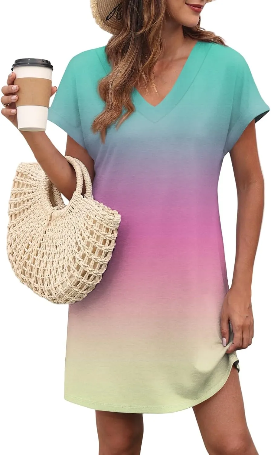 Mini Dresses for Women Short Sleeve V Neck Tie Dye Party Dress Trendy Casual Summer Sundress Vacation Beach Sundresses