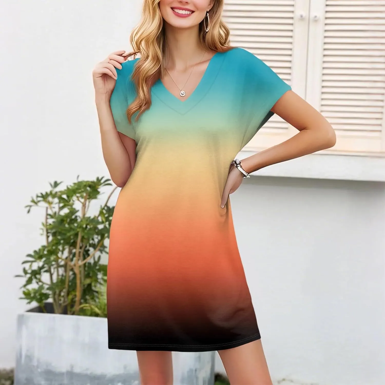 Mini Dresses for Women Short Sleeve V Neck Tie Dye Party Dress Trendy Casual Summer Sundress Vacation Beach Sundresses