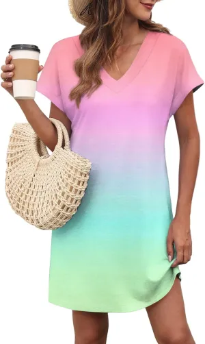 Mini Dresses for Women Short Sleeve V Neck Tie Dye Party Dress Trendy Casual Summer Sundress Vacation Beach Sundresses