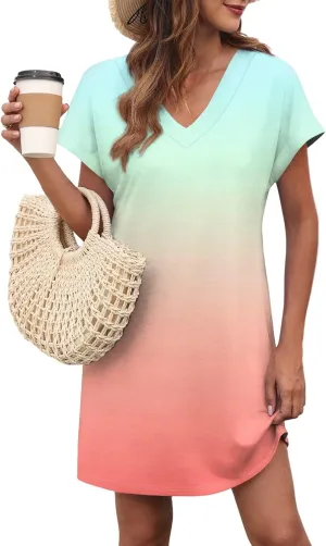 Mini Dresses for Women Short Sleeve V Neck Tie Dye Party Dress Trendy Casual Summer Sundress Vacation Beach Sundresses