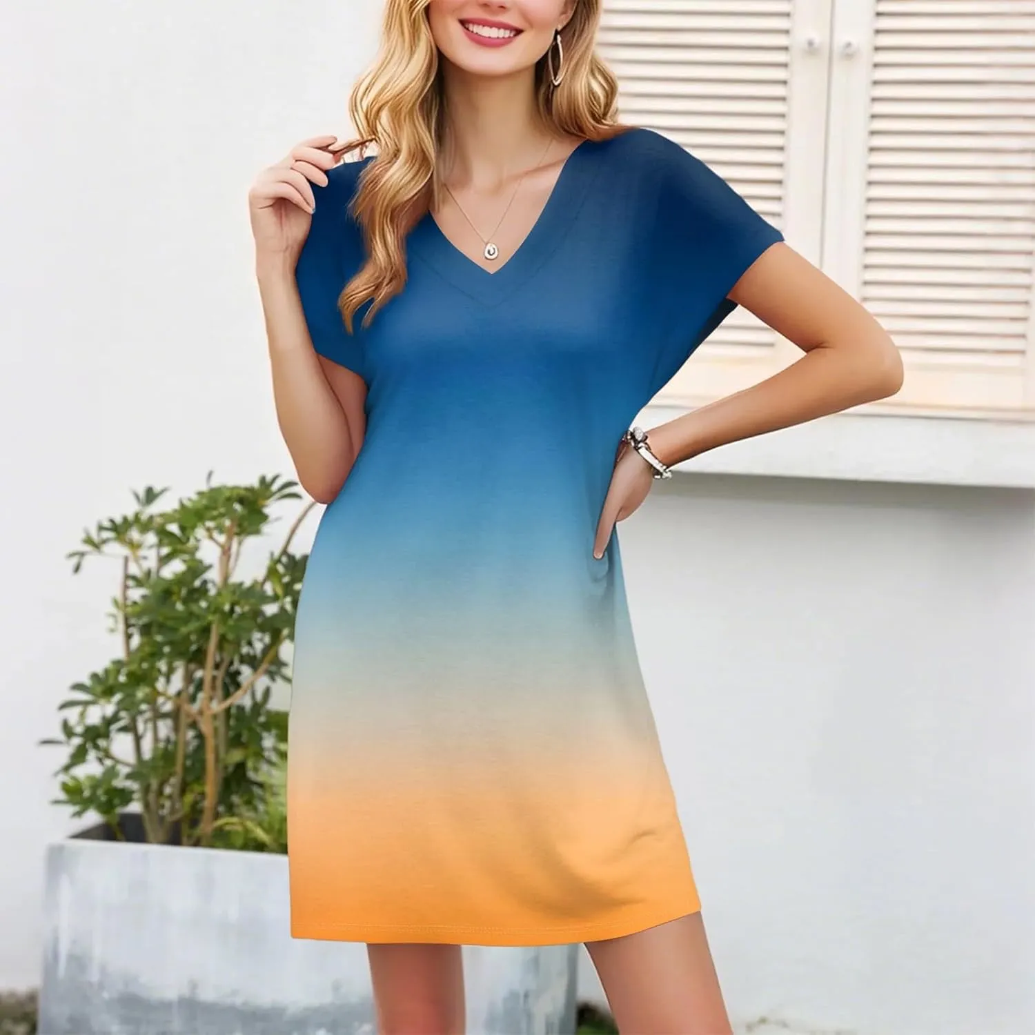 Mini Dresses for Women Short Sleeve V Neck Tie Dye Party Dress Trendy Casual Summer Sundress Vacation Beach Sundresses