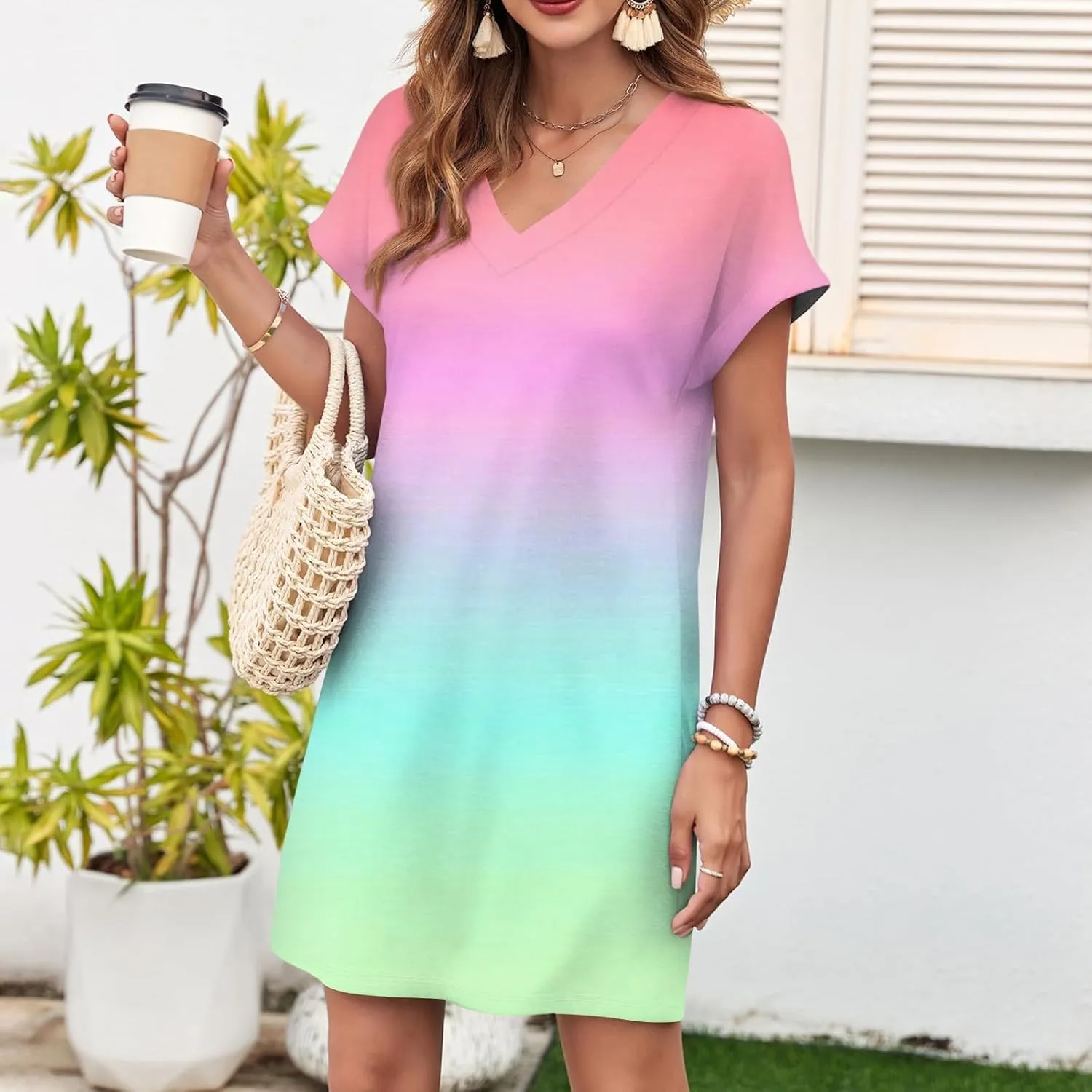 Mini Dresses for Women Short Sleeve V Neck Tie Dye Party Dress Trendy Casual Summer Sundress Vacation Beach Sundresses
