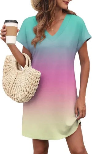 Mini Dresses for Women Short Sleeve V Neck Tie Dye Party Dress Trendy Casual Summer Sundress Vacation Beach Sundresses