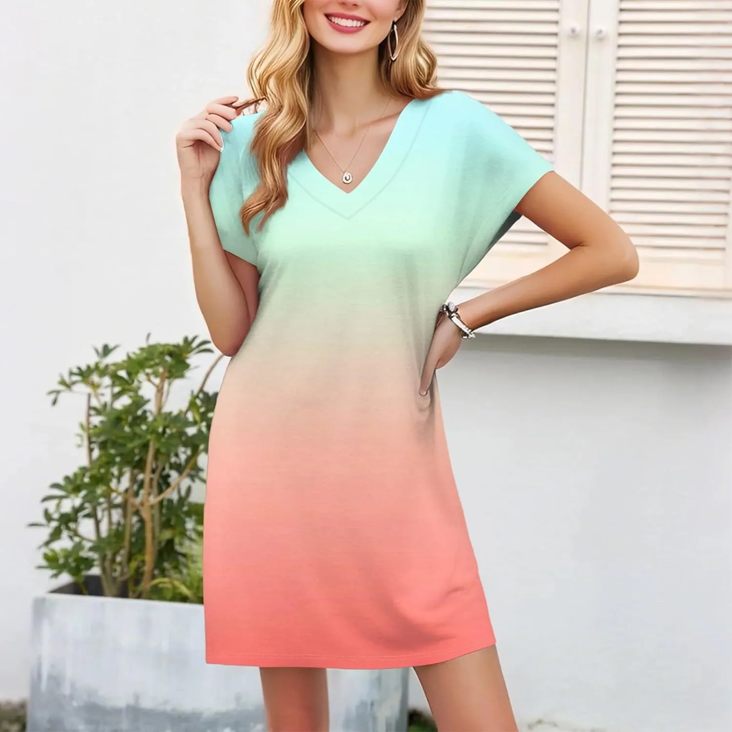 Mini Dresses for Women Short Sleeve V Neck Tie Dye Party Dress Trendy Casual Summer Sundress Vacation Beach Sundresses
