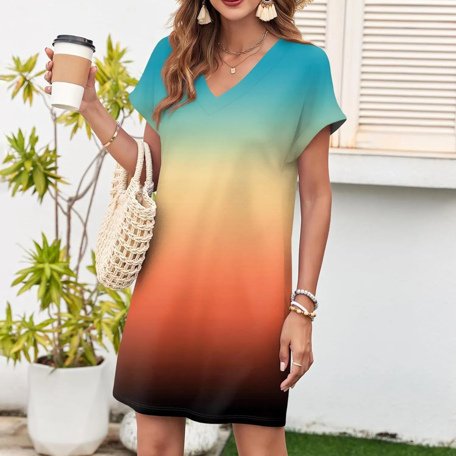 Mini Dresses for Women Short Sleeve V Neck Tie Dye Party Dress Trendy Casual Summer Sundress Vacation Beach Sundresses