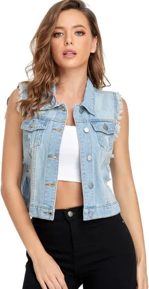 MISS MOLY Women Denim Vest Sleeveless Jean Vest with Chest Pockets