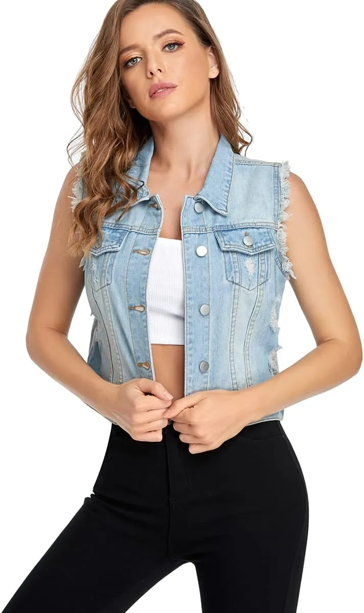 MISS MOLY Women Denim Vest Sleeveless Jean Vest with Chest Pockets