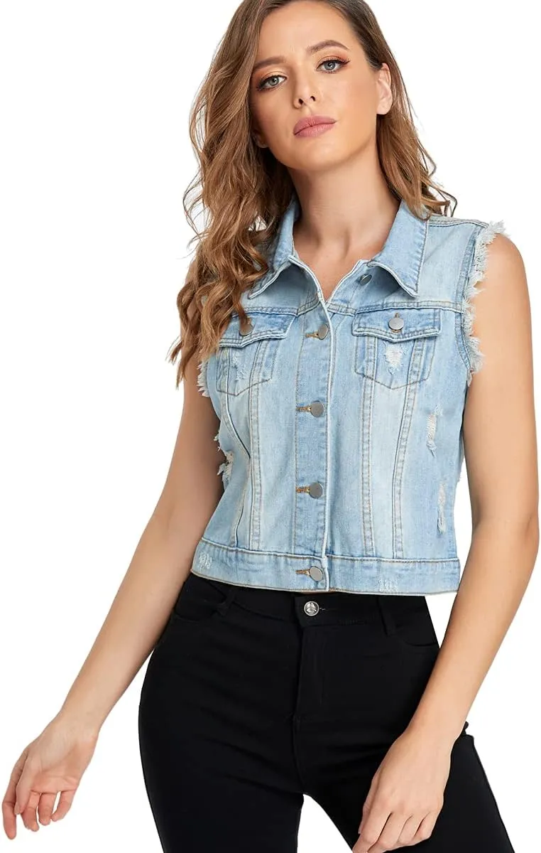 MISS MOLY Women Denim Vest Sleeveless Jean Vest with Chest Pockets