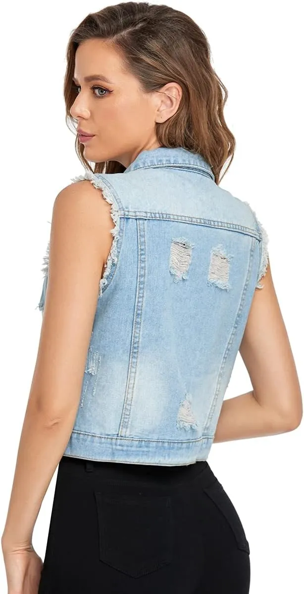 MISS MOLY Women Denim Vest Sleeveless Jean Vest with Chest Pockets