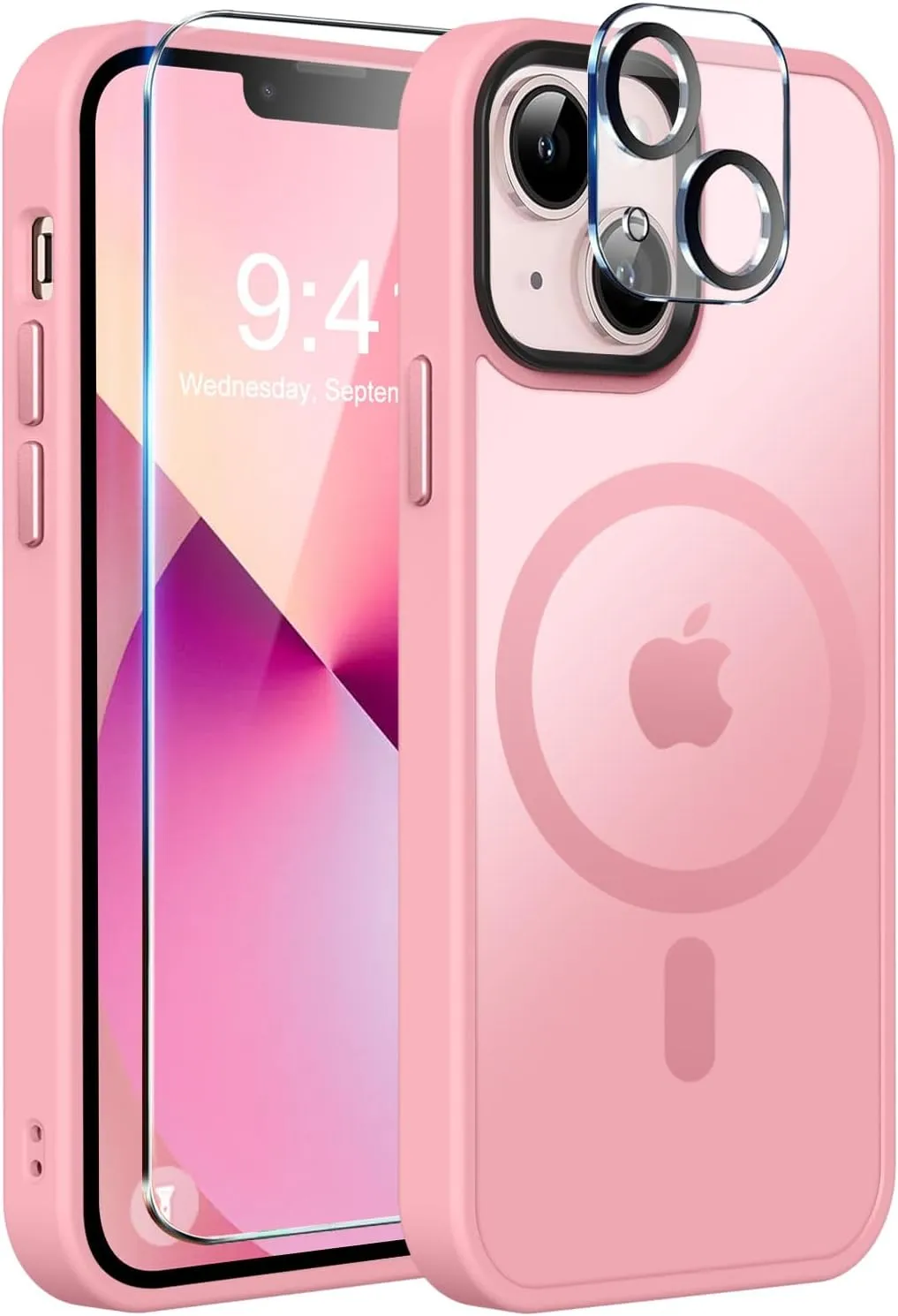 MOCCA Strong Magnetic for iPhone 13 Case, [Compatible with Magsafe][Screen Protector Camera Lens Protector] Translucent Matte Back Slim Shockproof Case for iPhone 13 Phone Case 6.1", Pink