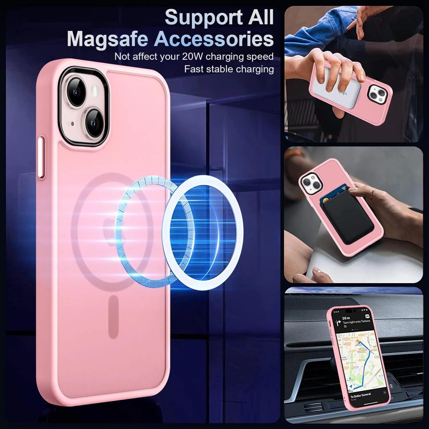 MOCCA Strong Magnetic for iPhone 13 Case, [Compatible with Magsafe][Screen Protector Camera Lens Protector] Translucent Matte Back Slim Shockproof Case for iPhone 13 Phone Case 6.1", Pink