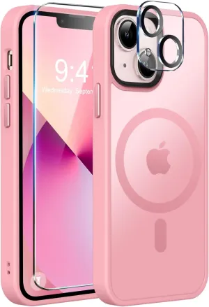 MOCCA Strong Magnetic for iPhone 13 Case, [Compatible with Magsafe][Screen Protector Camera Lens Protector] Translucent Matte Back Slim Shockproof Case for iPhone 13 Phone Case 6.1", Pink