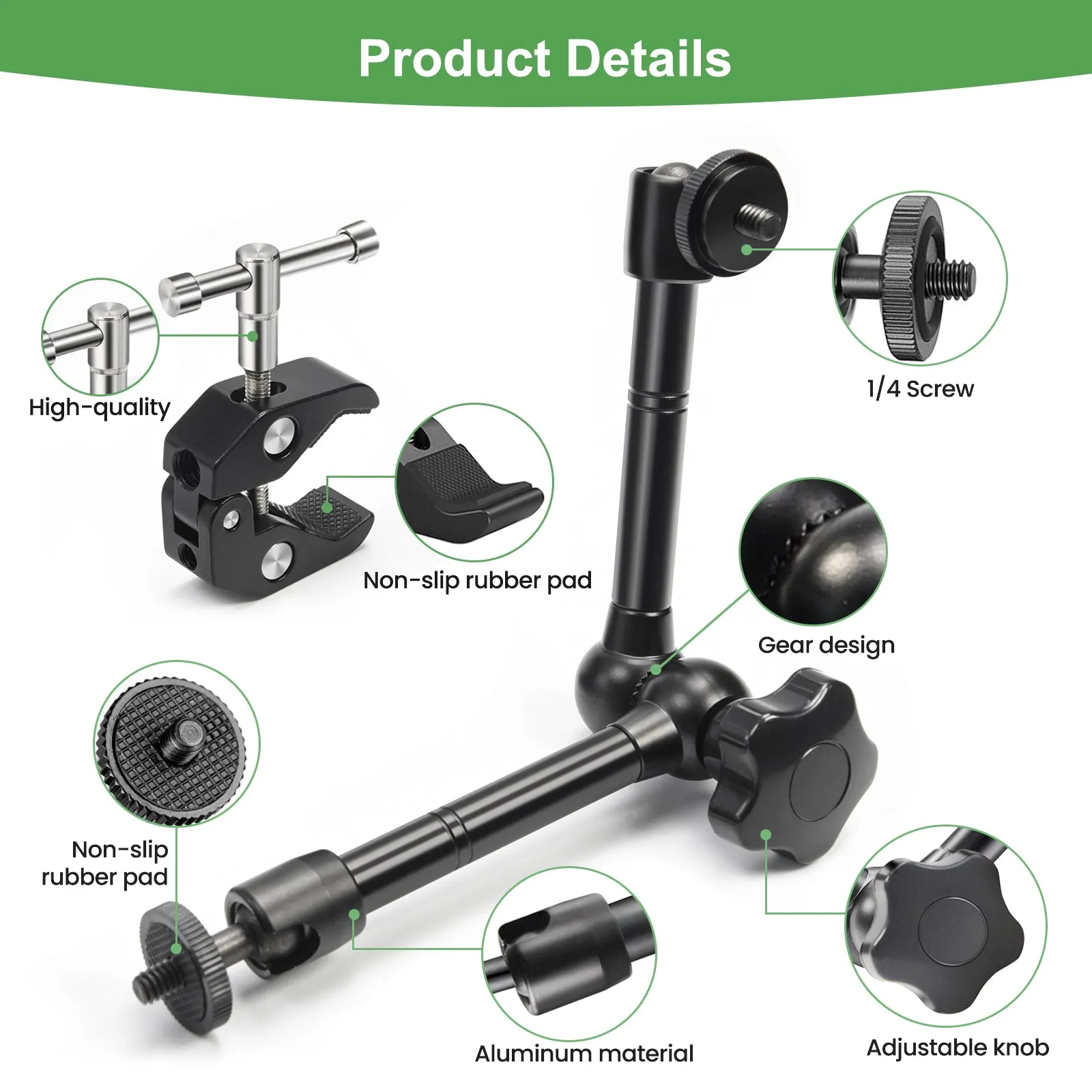 MOKOSE Adjustable Articulating Magic Arm and Super Clamps with 1/4and 3/8 Threaded for Cameras, LCD Monitors/LED Lights, Webcams