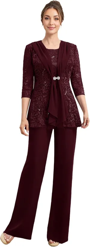 Mother of The Bride Pant Suits 3 Pieces Lace Formal Pants Outfit Grandmother of The Bride Pant Suits for Wedding Jacket