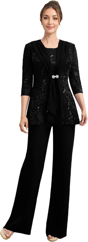 Mother of The Bride Pant Suits 3 Pieces Lace Formal Pants Outfit Grandmother of The Bride Pant Suits for Wedding Jacket