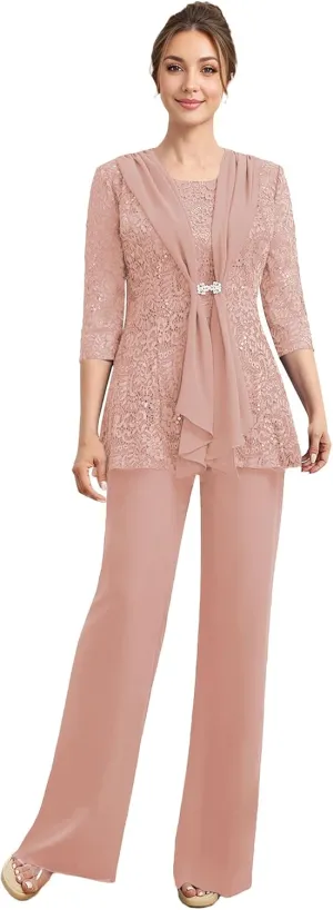 Mother of The Bride Pant Suits 3 Pieces Lace Formal Pants Outfit Grandmother of The Bride Pant Suits for Wedding Jacket