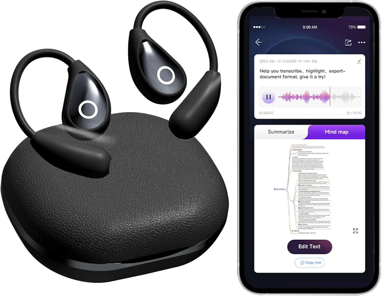 OEQ AI Translator Earbuds Real Time with Charging Case Powered by ChatGPT,3 in 1 Language Translator Device with 100 Language Real Time Two Way for iOS and Android,Ideal for Travel/Business,Black