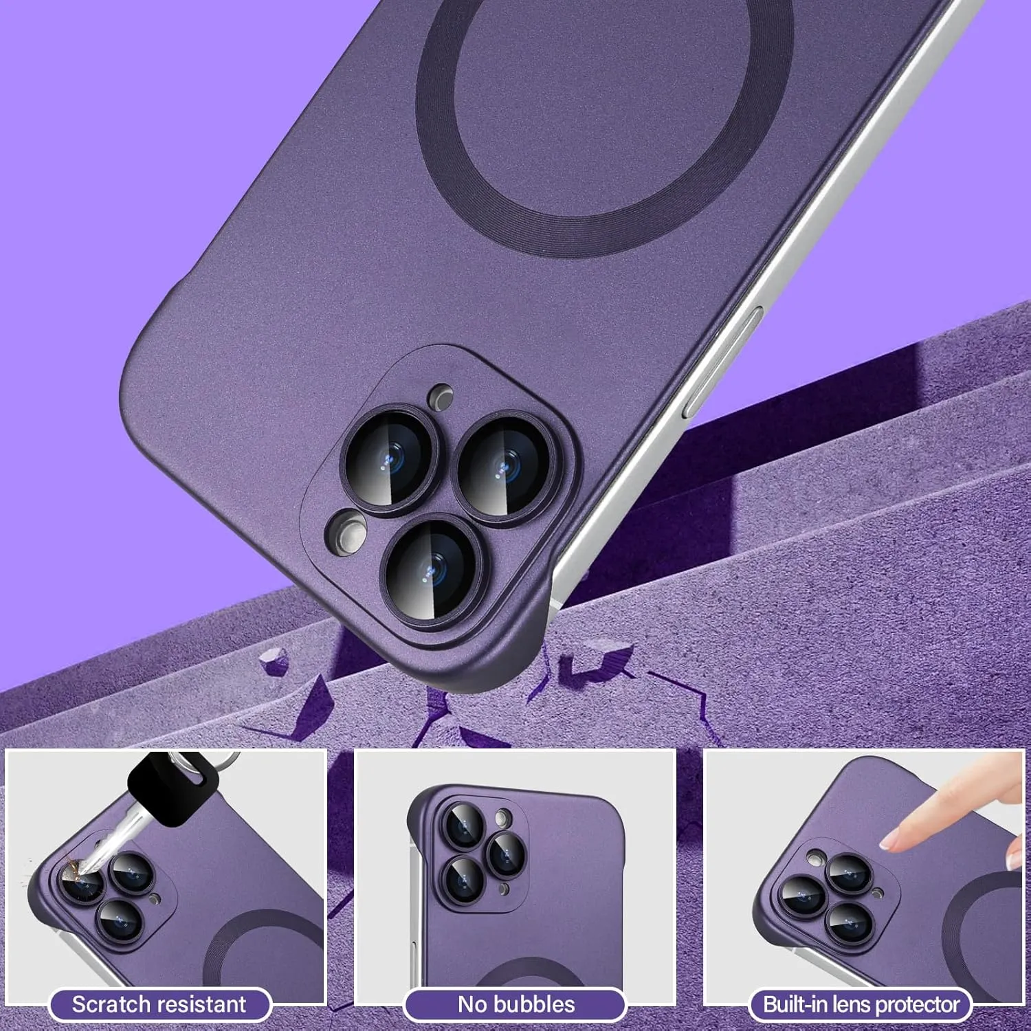 Omio Magnetic Slim Case for iPhone 11 Pro Max Compatible with MagSafe, Matte PC Ultra-Thin Bumper Frameless Borderless Minimalist Design with Camera Lens Protector for Men Women Girls, Purple