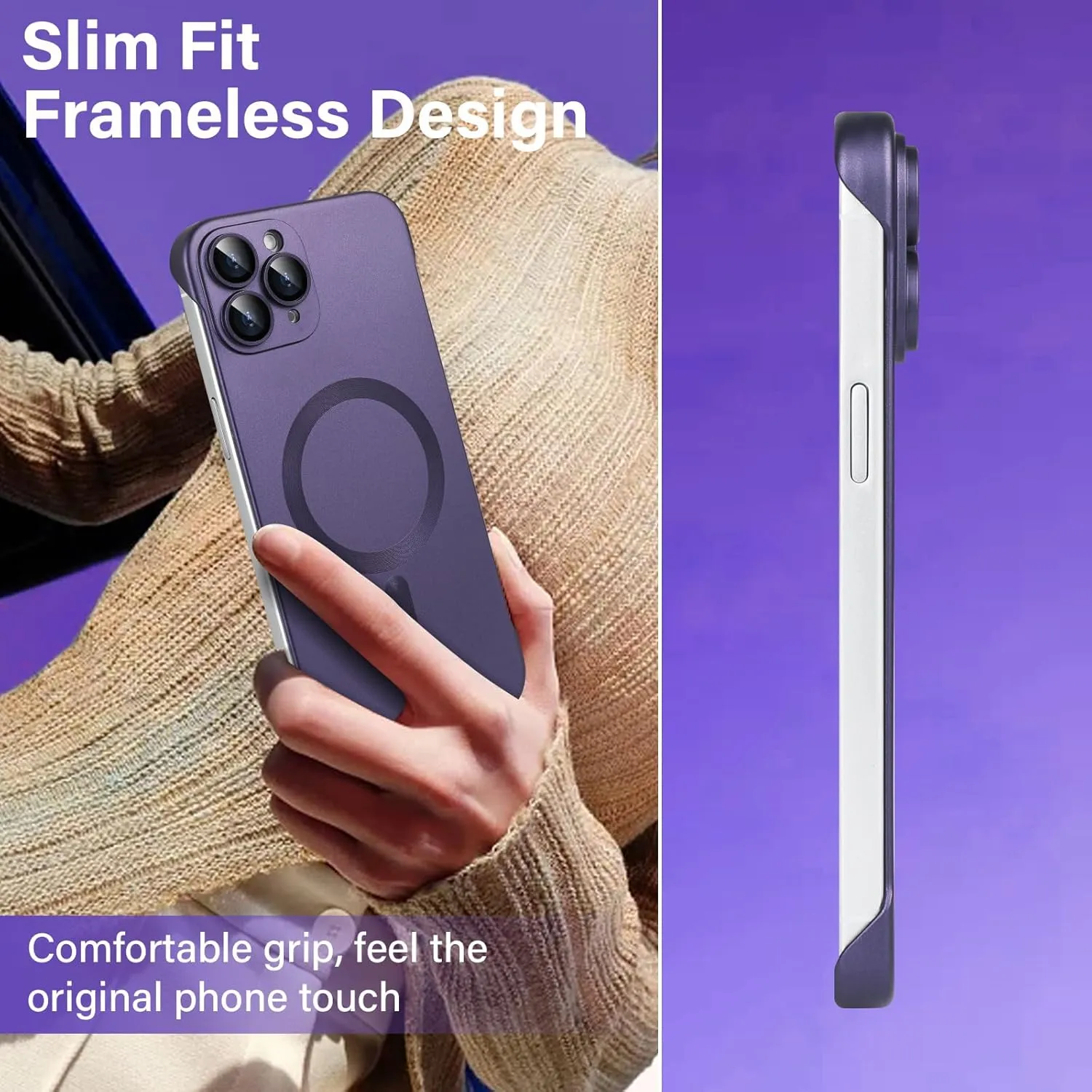 Omio Magnetic Slim Case for iPhone 11 Pro Max Compatible with MagSafe, Matte PC Ultra-Thin Bumper Frameless Borderless Minimalist Design with Camera Lens Protector for Men Women Girls, Purple
