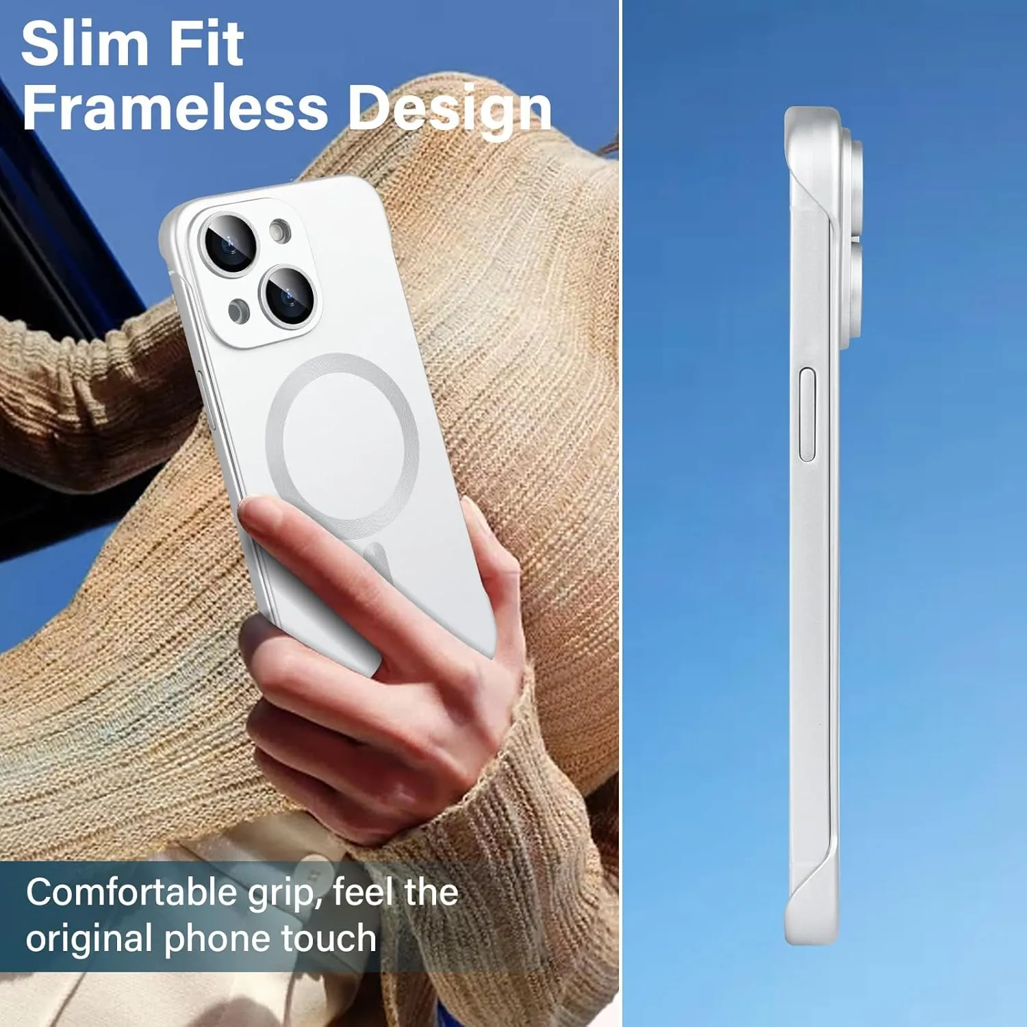 Omio Magnetic Slim Case for iPhone 13 Compatible with MagSafe, Matte PC Ultra-Thin Bumper Frameless Borderless Minimalist Design with Camera Lens Protector for Men Women, Silver Titanium
