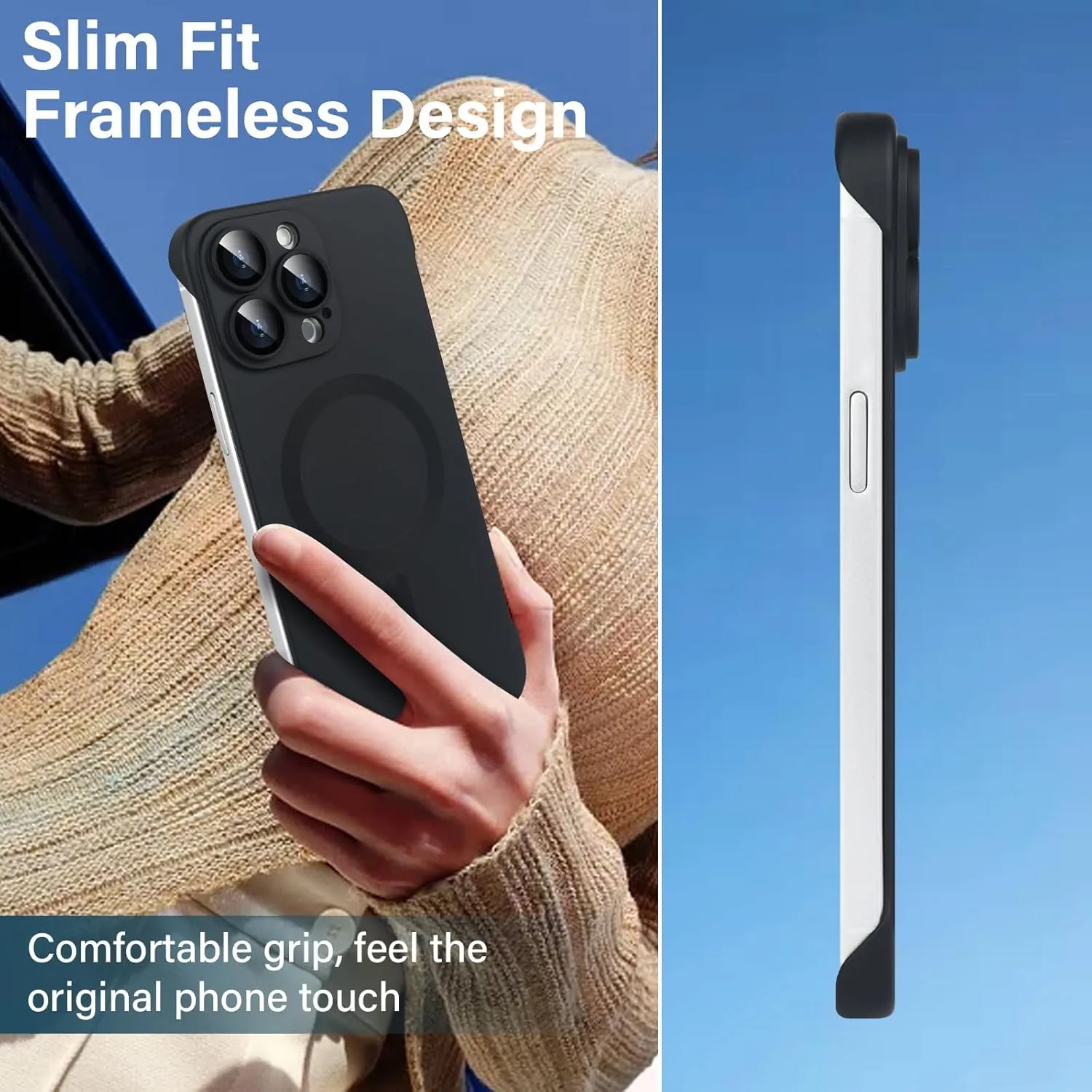 Omio Magnetic Slim Case for iPhone 16 Pro Compatible with MagSafe, Matte PC Ultra-Thin Bumper Frameless Borderless Minimalist Design with Camera Lens Protector for Men Women, Black Titanium