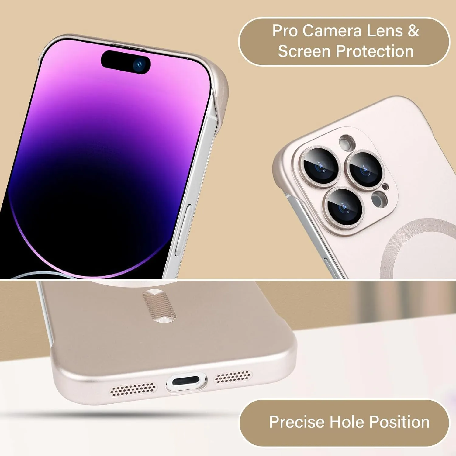 Omio Magnetic Slim Case for iPhone 16 Pro Compatible with MagSafe, Matte PC Ultra-Thin Bumper Frameless Borderless Minimalist Design with Camera Lens Protector for Men Women, Desert Titanium