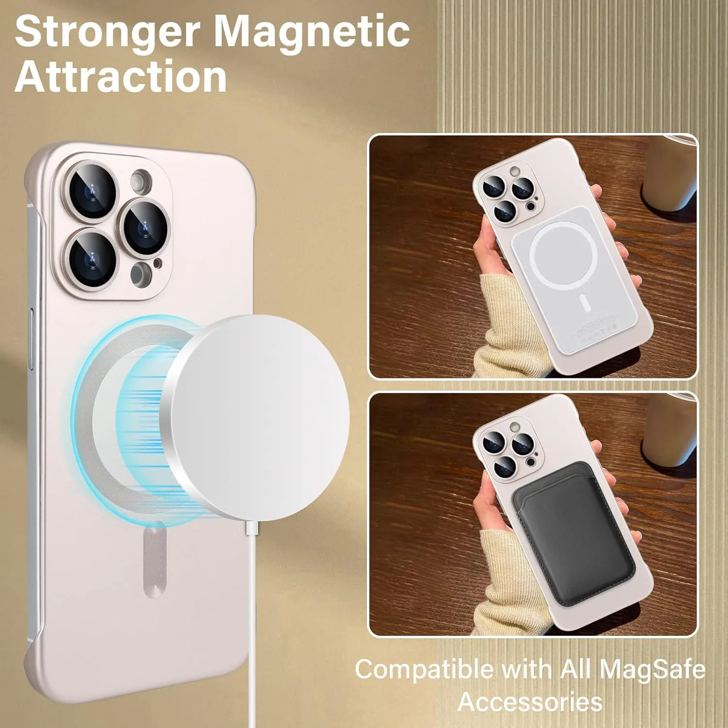 Omio Magnetic Slim Case for iPhone 16 Pro Compatible with MagSafe, Matte PC Ultra-Thin Bumper Frameless Borderless Minimalist Design with Camera Lens Protector for Men Women, Desert Titanium