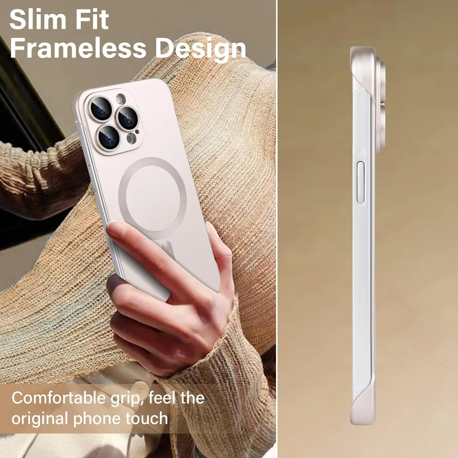 Omio Magnetic Slim Case for iPhone 16 Pro Compatible with MagSafe, Matte PC Ultra-Thin Bumper Frameless Borderless Minimalist Design with Camera Lens Protector for Men Women, Desert Titanium