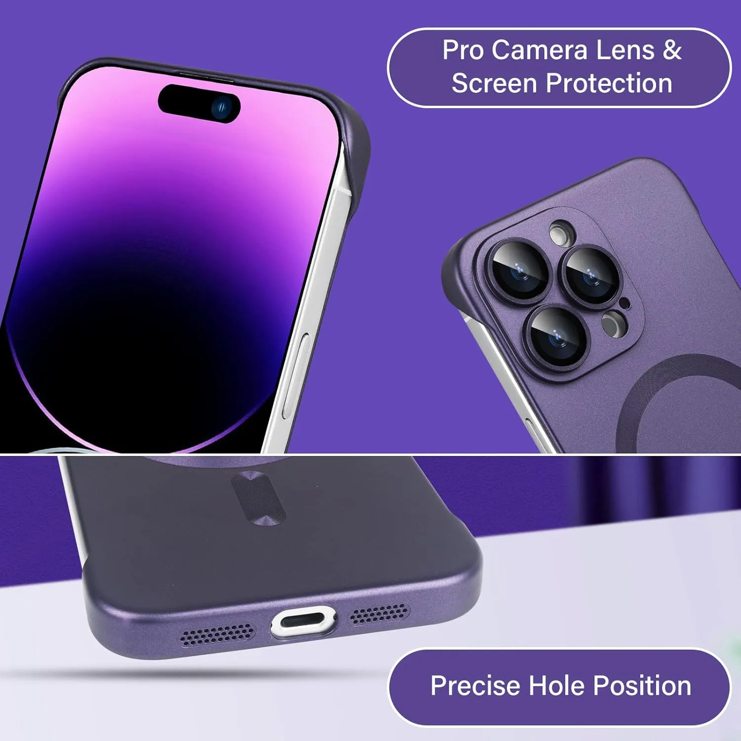 Omio Magnetic Slim Case for iPhone 16 Pro Compatible with MagSafe, Matte PC Ultra-Thin Bumper Frameless Borderless Minimalist Design with Camera Lens Protector for Men Women, Purple