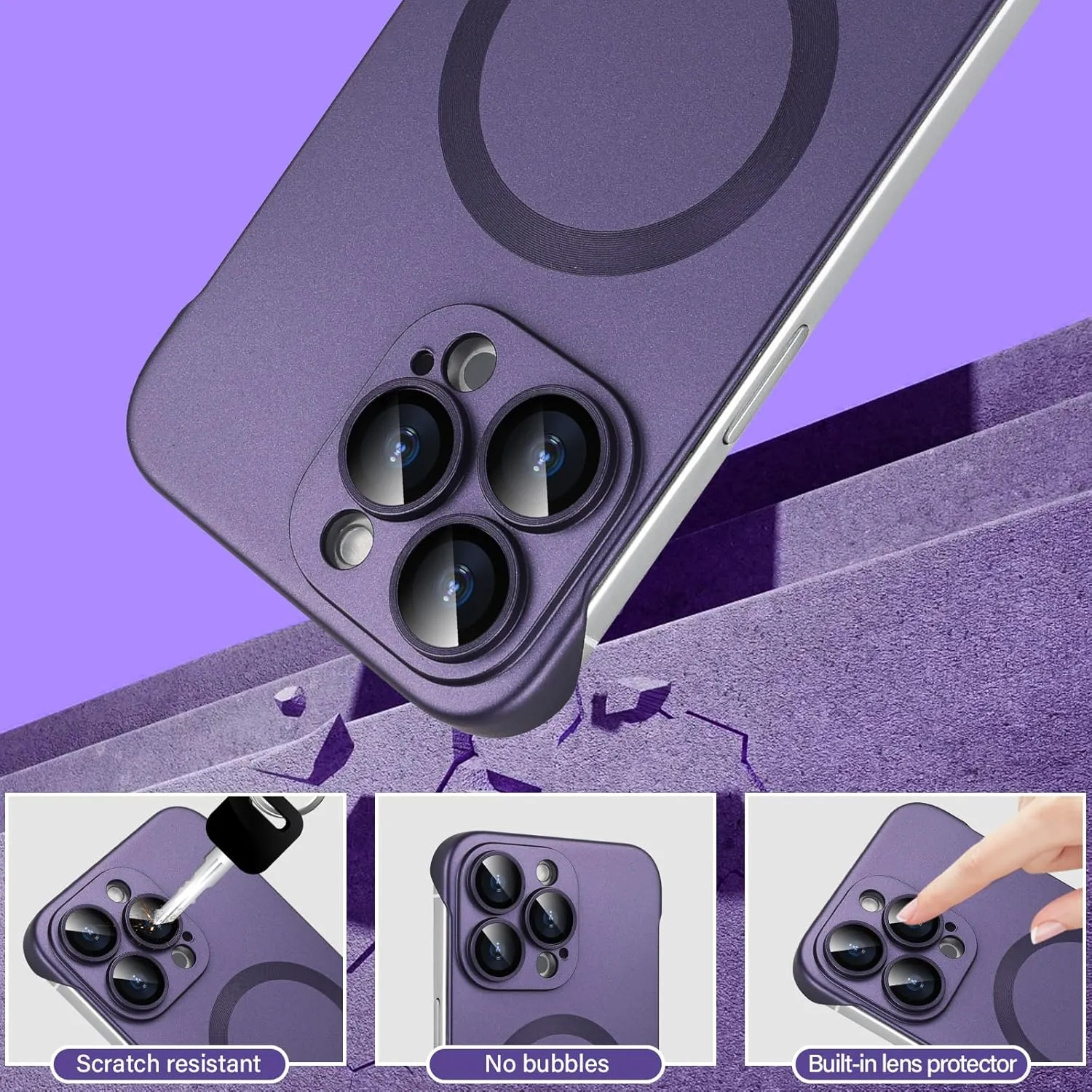 Omio Magnetic Slim Case for iPhone 16 Pro Compatible with MagSafe, Matte PC Ultra-Thin Bumper Frameless Borderless Minimalist Design with Camera Lens Protector for Men Women, Purple